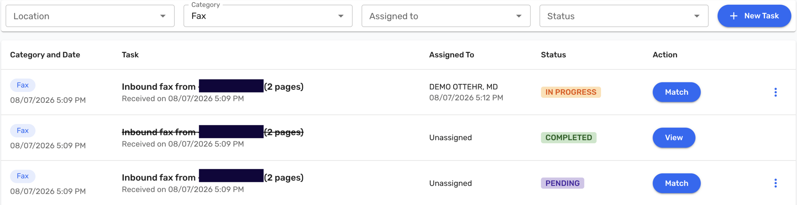 Inbound Faxes in the Tasks viewer