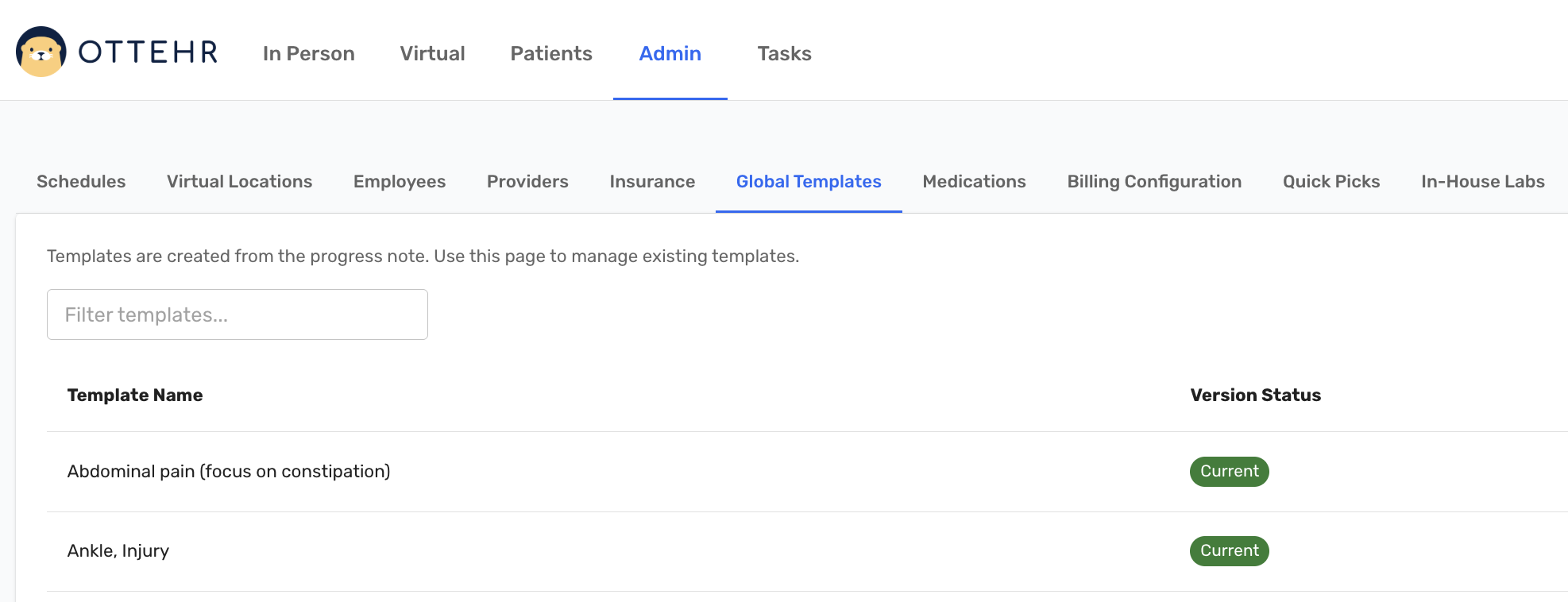 Admin tab showing Global Template List