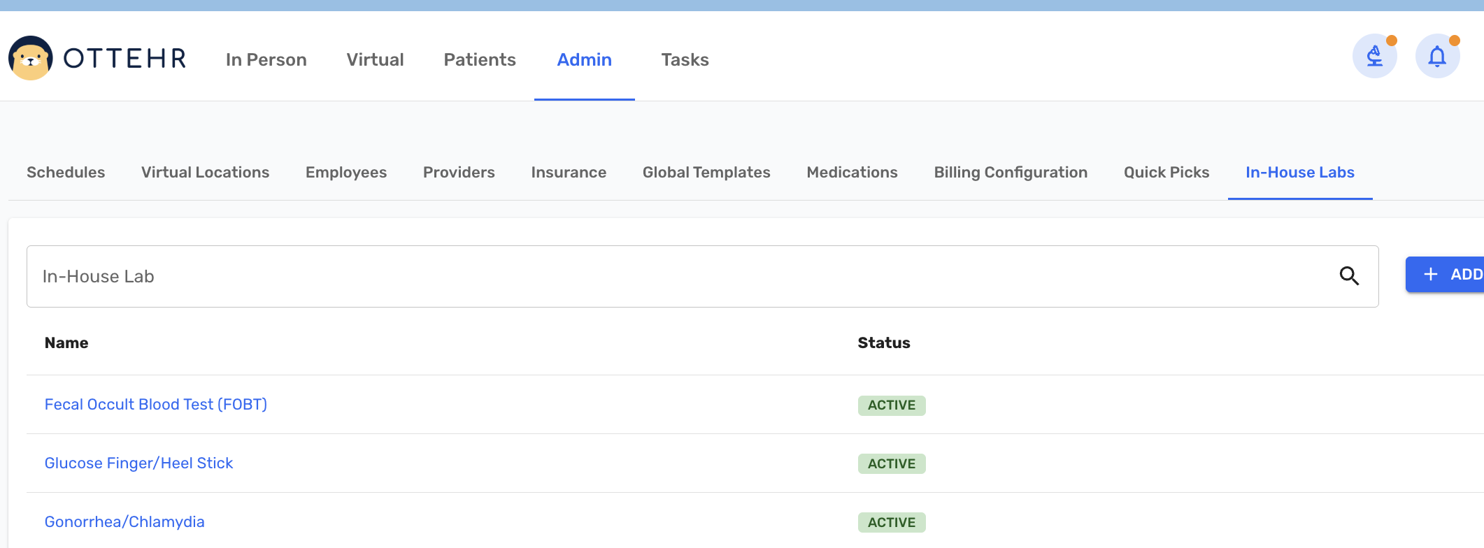 Admin tab showing In-House Lab Order Configuration