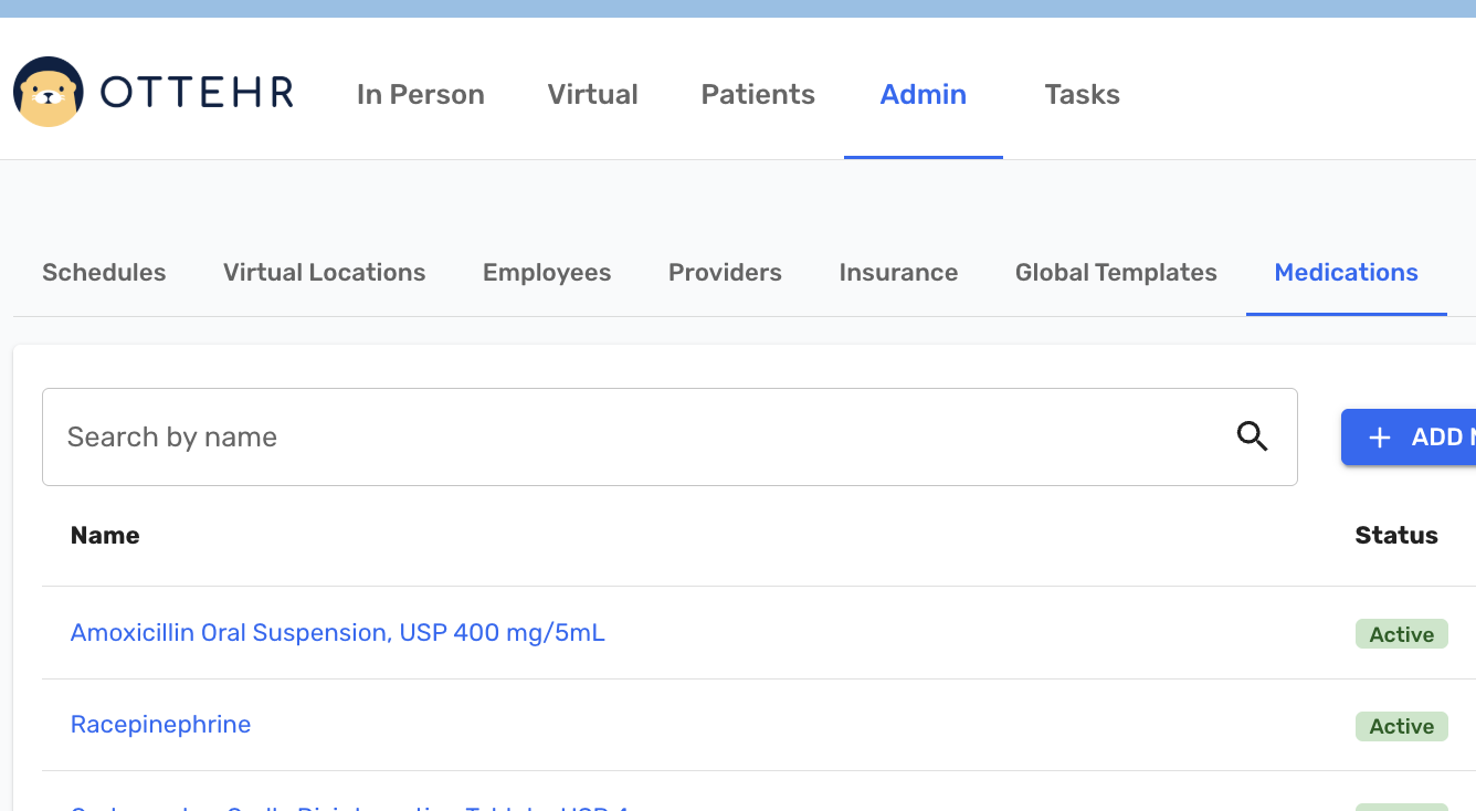 Admin tab showing In-House Medications Configuration