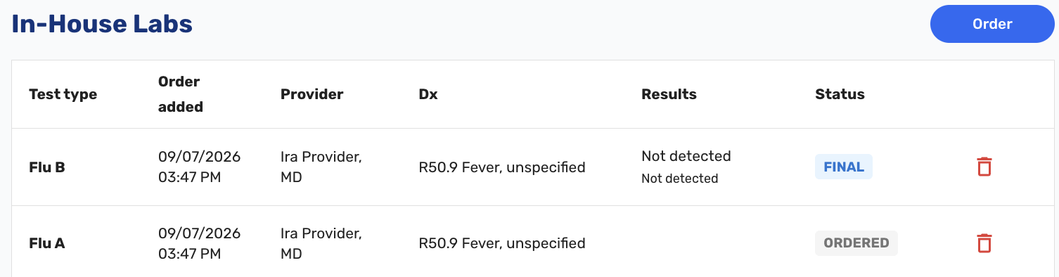 In-House Labs Order List Results