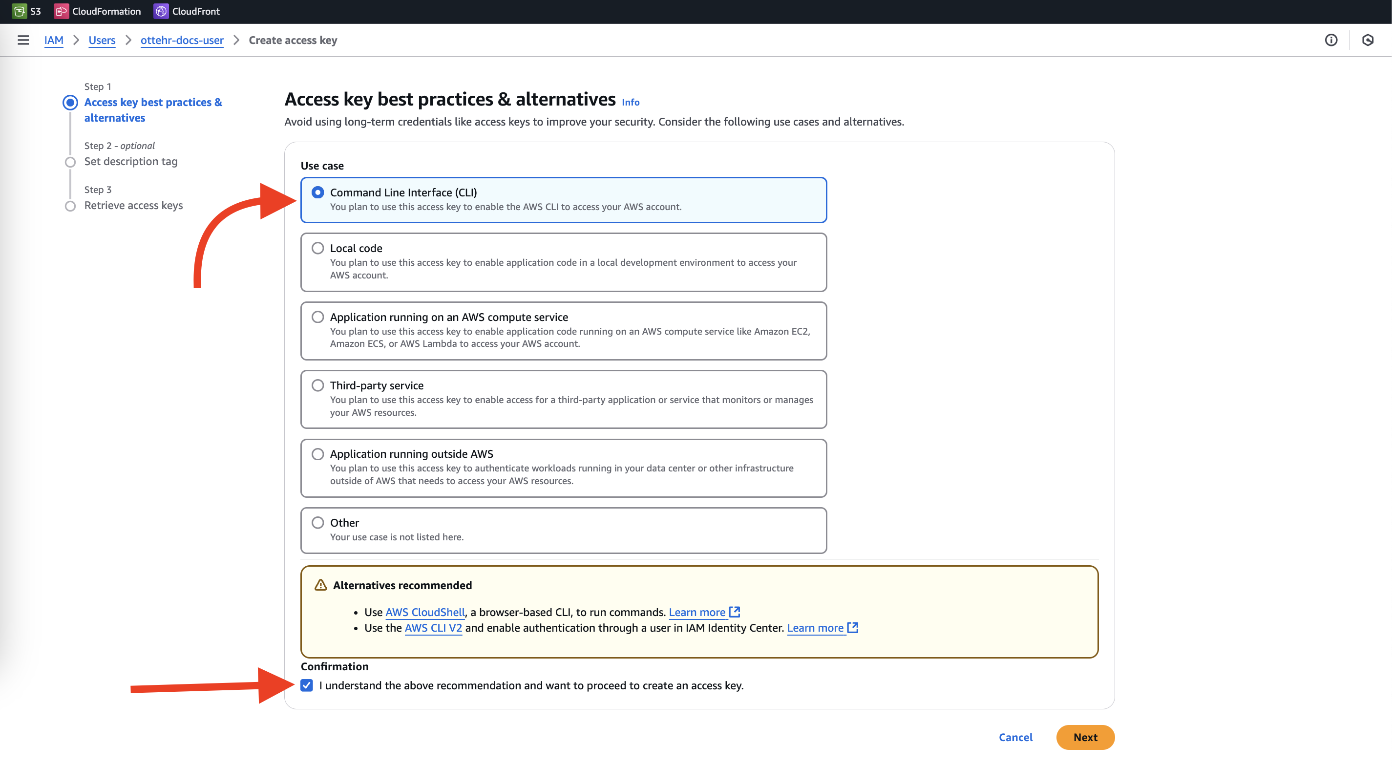 Screenshot of AWS IAM including the option to create an access key