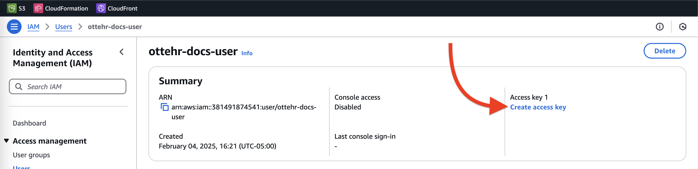 Screenshot of AWS IAM including the option to create an access key