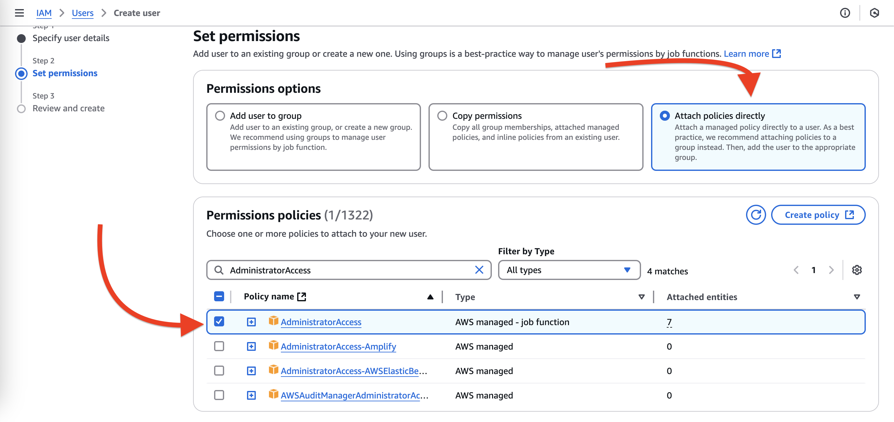 Screenshot of AWS IAM including the policy AdministratorAccess