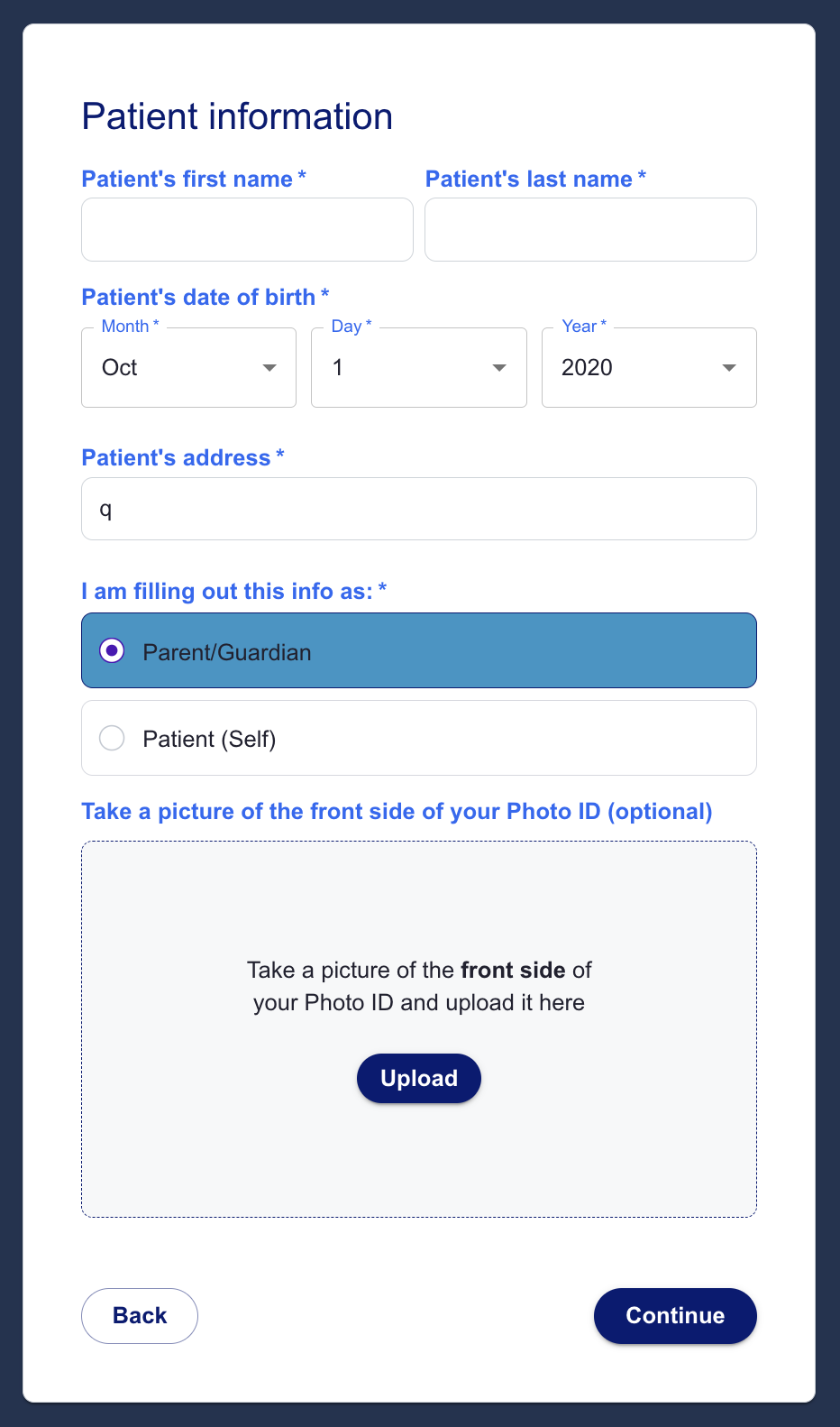 A patient information page including name, birthday, address, and ID upload questions