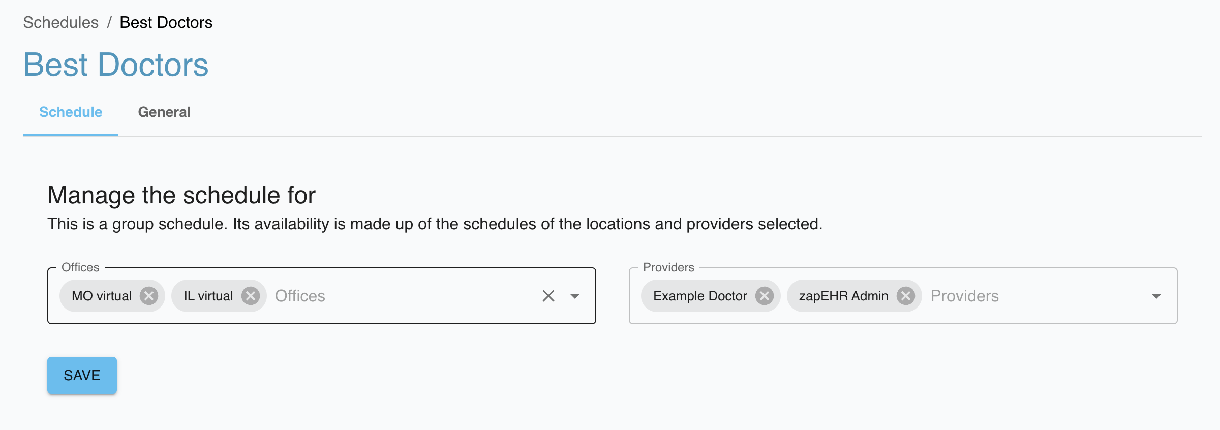 A page to customize a group schedule. It has two inputs, locations and providers, for users to combine schedules.