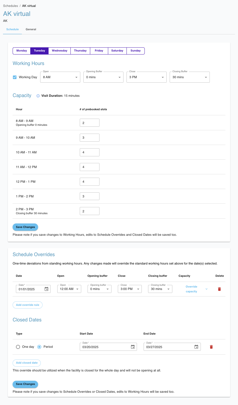 A page to customize an office schedule. It has inputs to set available hours for a day of a week, number of slots available in a day, and to set availability for specific days of a year.