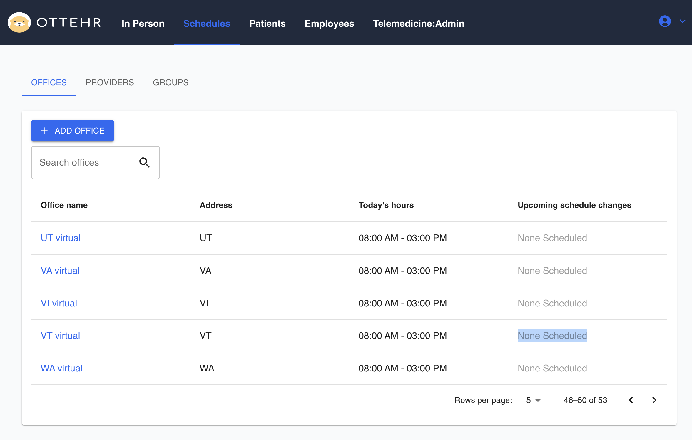 EHR schedule management component for locations. Staff can list locations and create a new one.