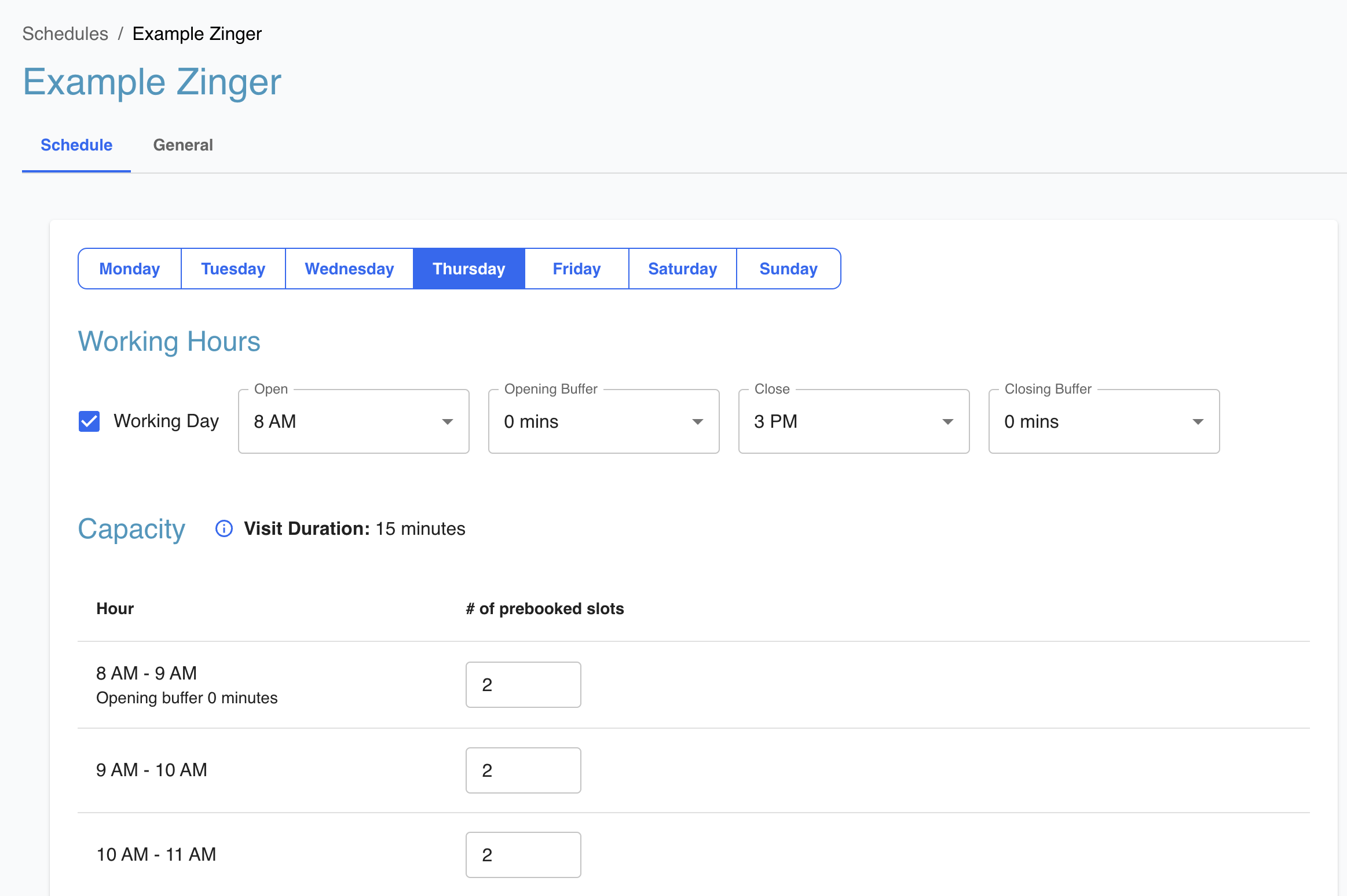 EHR schedule editing for a provider. Users can set the working hours for the day of the week and the number of slots for each hour.