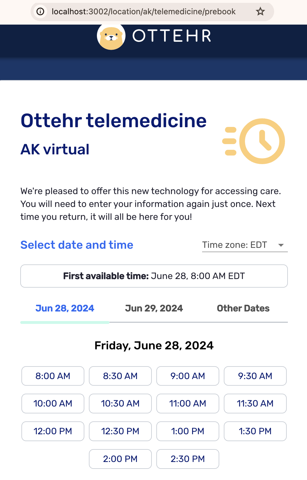 Patient portal scheduling with a URL demonstrating a location visit. The URL path starts with /location.