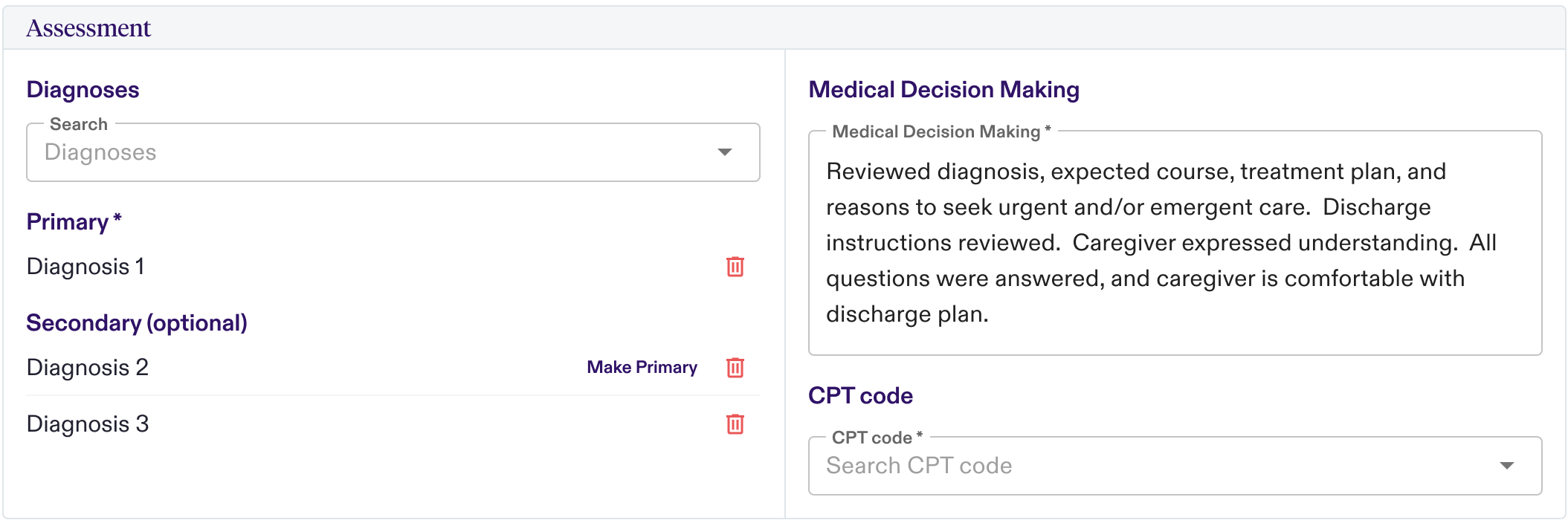 Assessment page including diagnoses, coding, and medical decisions