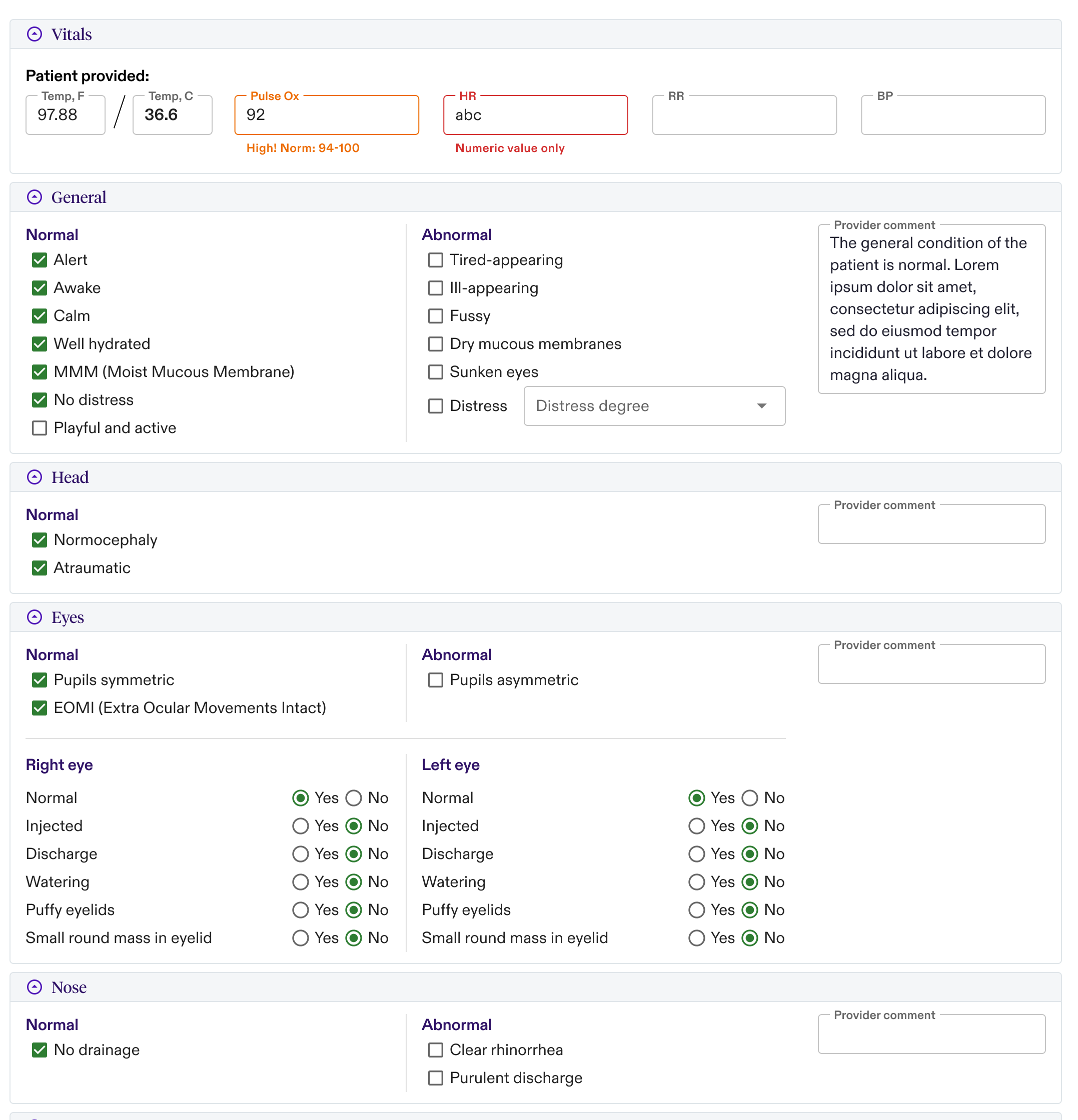 Medical exam screen including recordings of vitals data, general observations, and localized notes