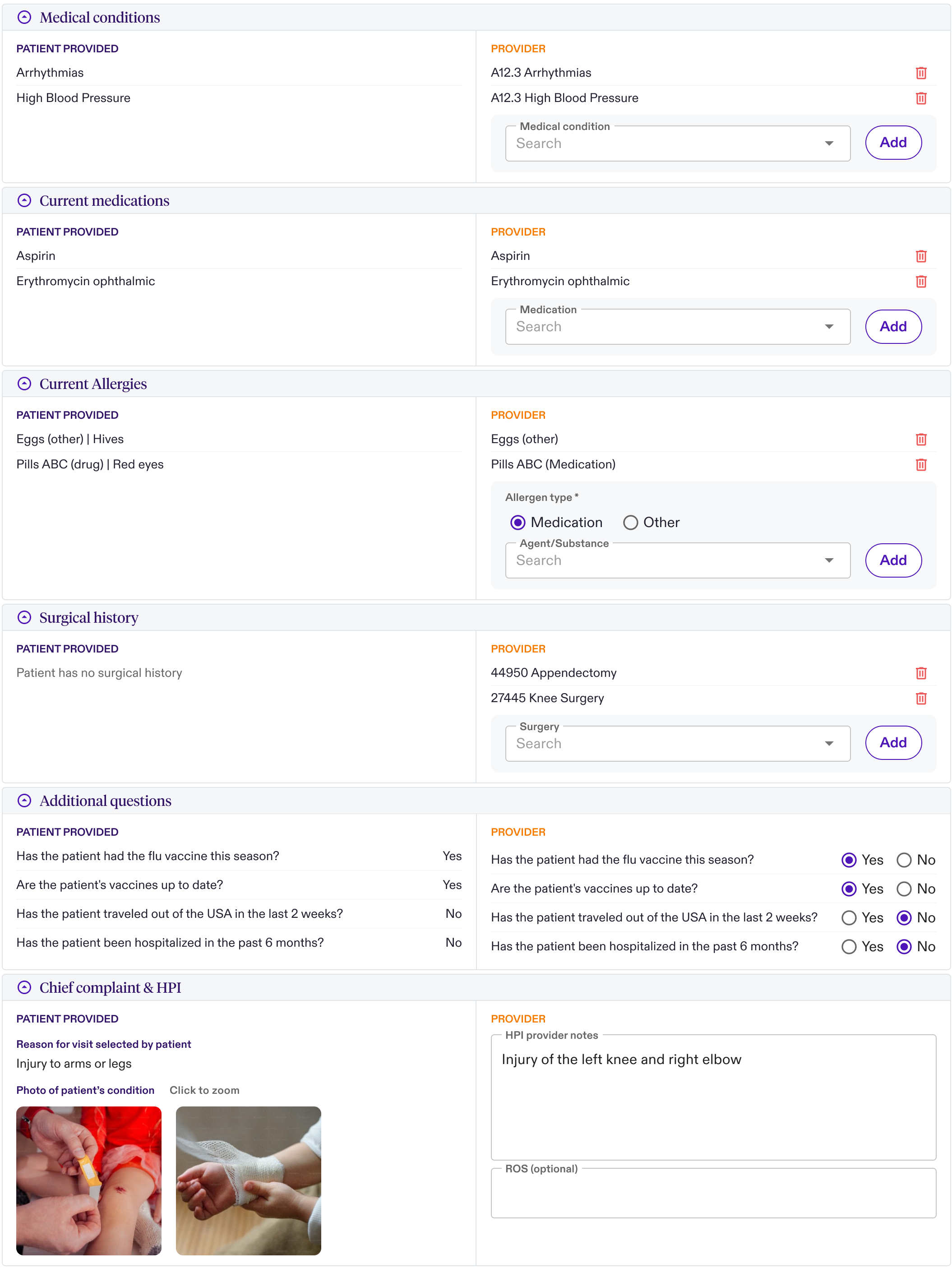 HPI & Medical History screen including side-by-side patient and provider entered information such as chief complaint, allergies, medications, and surgical history