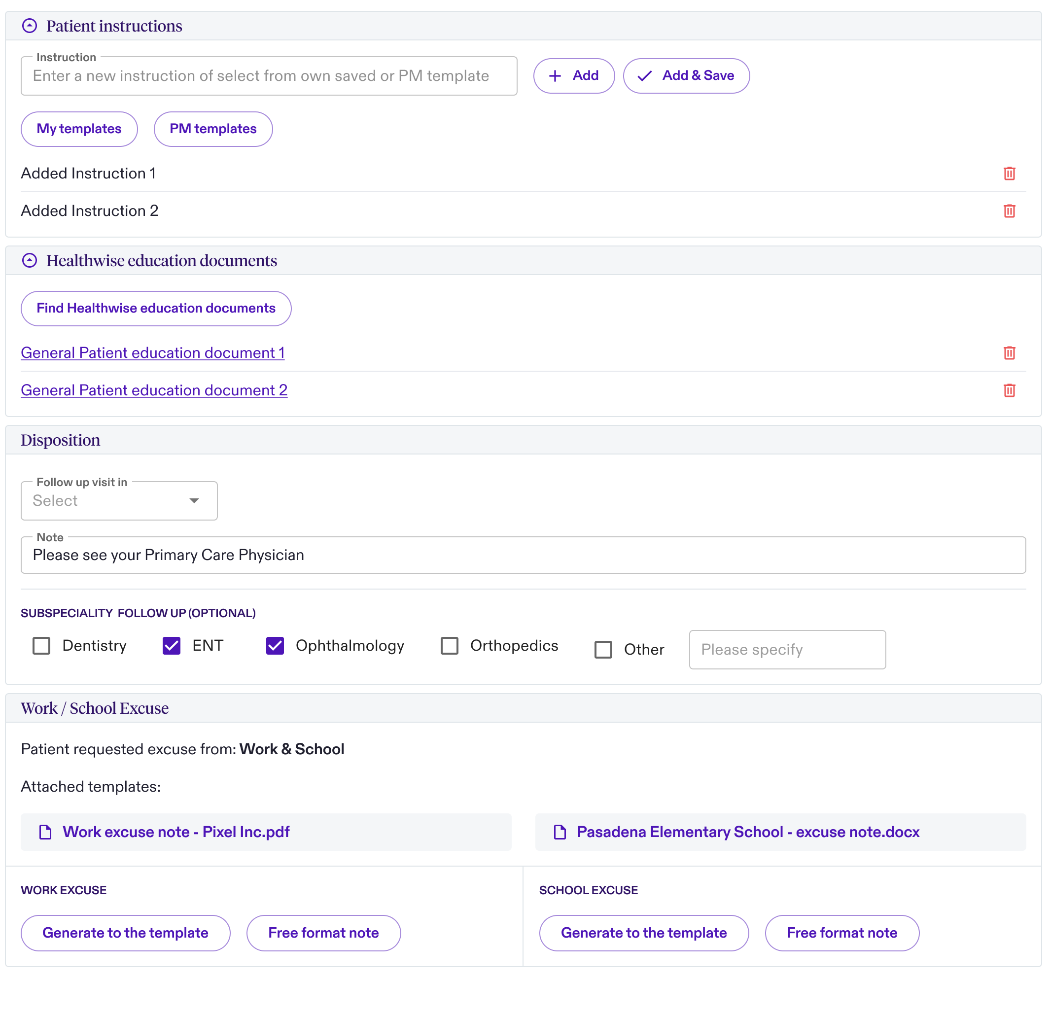 Plan screen including patient instructions, documents, follow-up notes, and work and school excuse notes