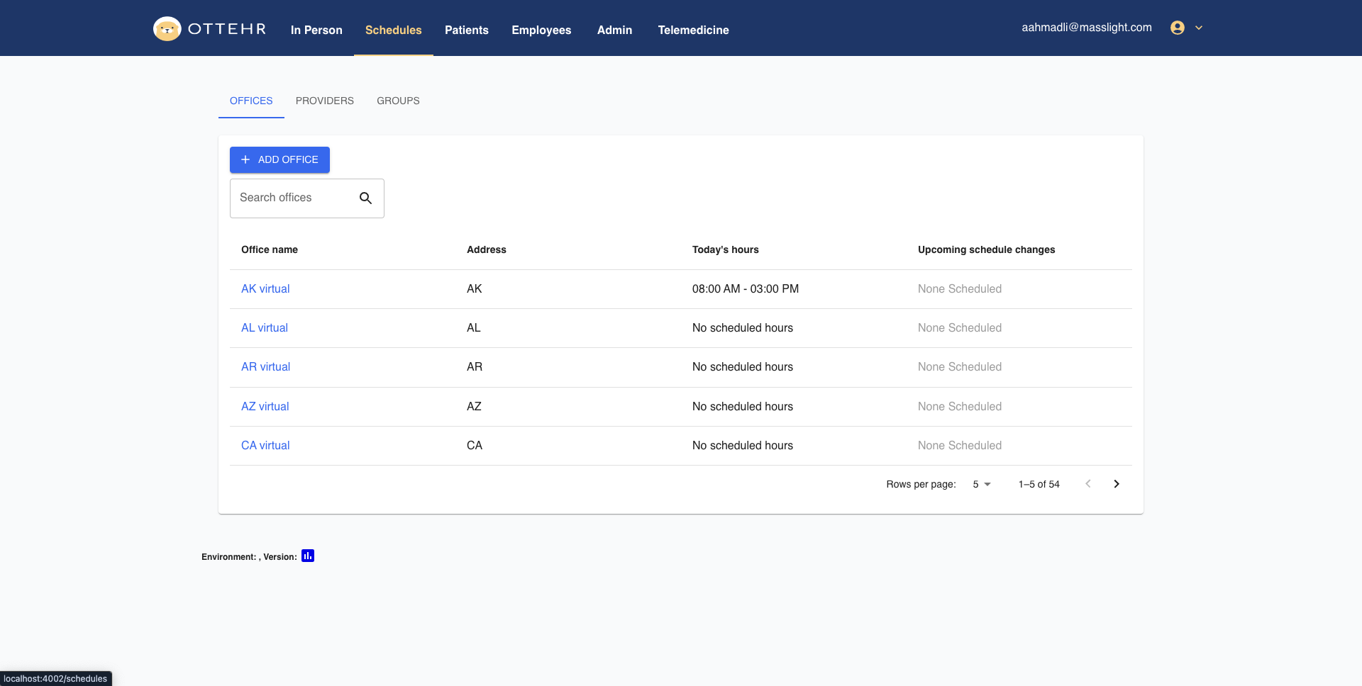 A page with information about different things that can have schedules. There are tabs for Offices, Providers, and Groups. Within each tab is a list of items from of that type, along with a button for creating new resources of that type.