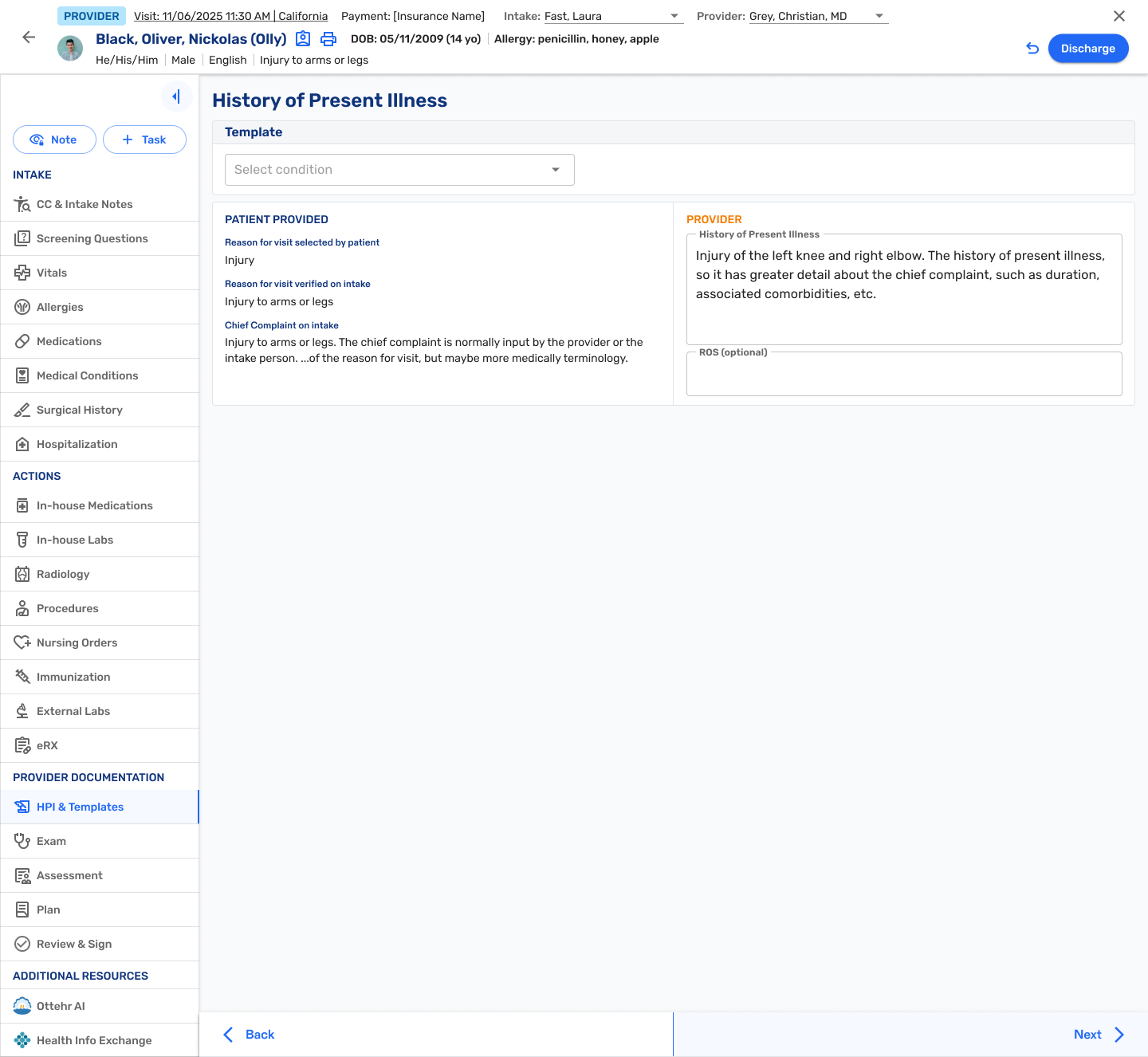 Reorganized Chart with HPI/MOI