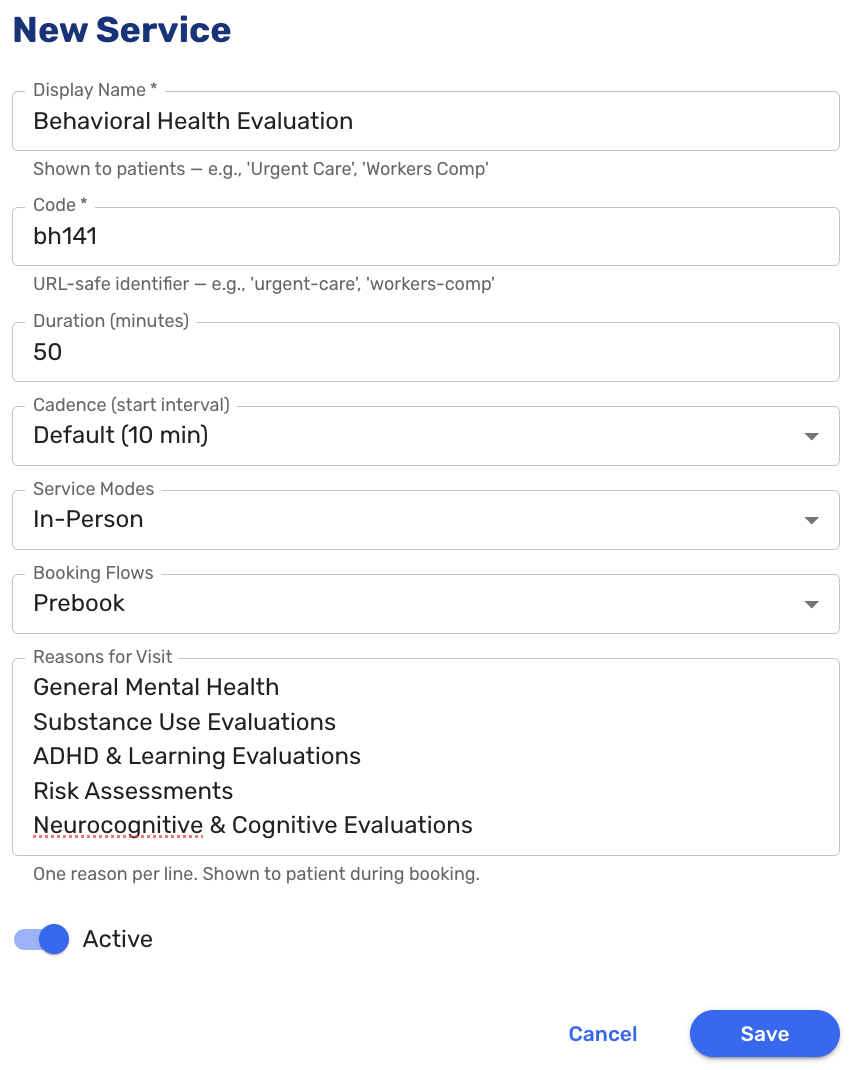 Configure new Service with duration, cadence, and reasons