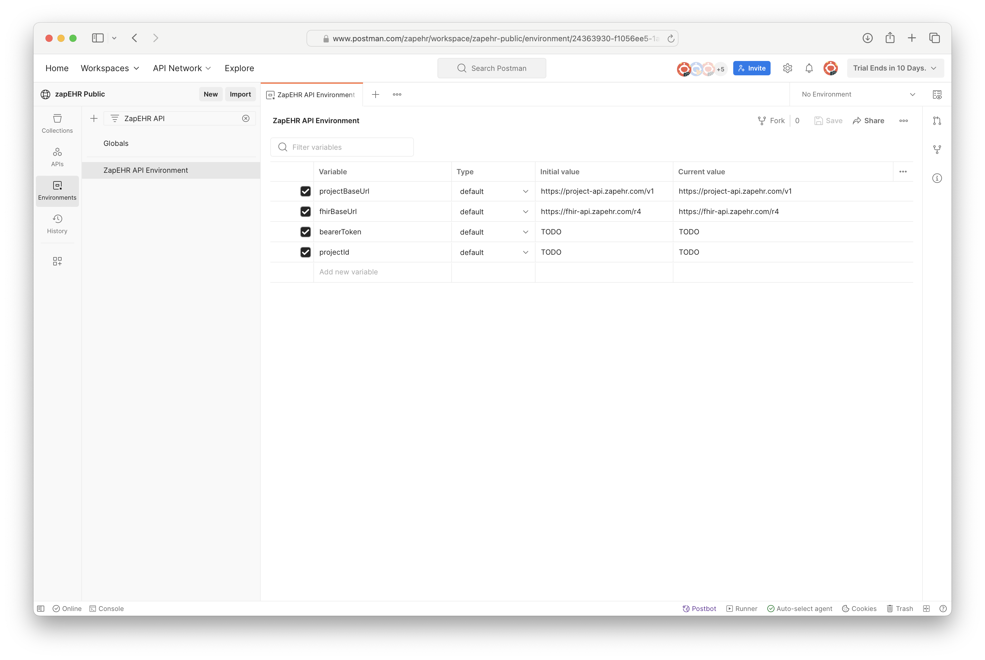 Screenshot of Oystehr API Environment Variables